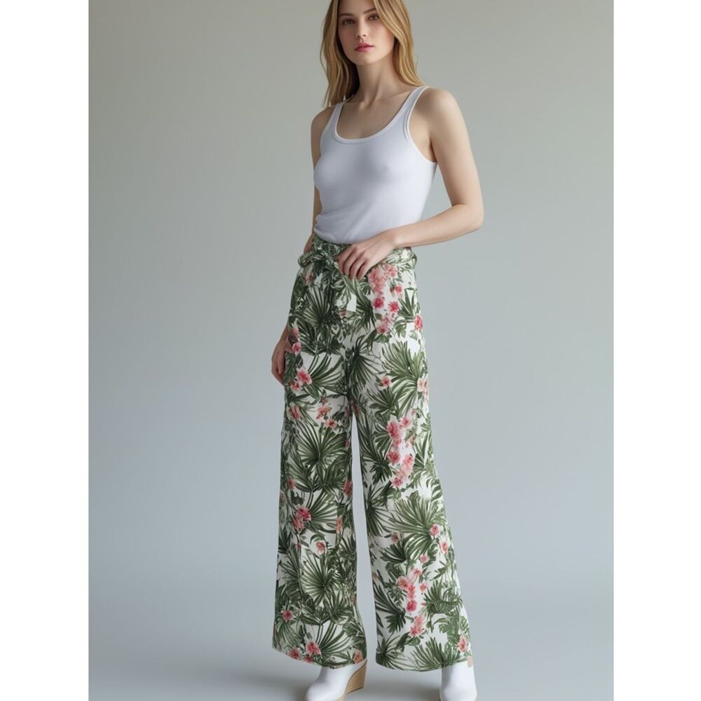 Joe Benbasset Wide-Leg Tropical Print Pants in Green and Pink